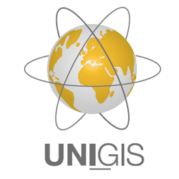 Logo UNIGIS International Association - kula ziemska z trzema orbitami satelitów
